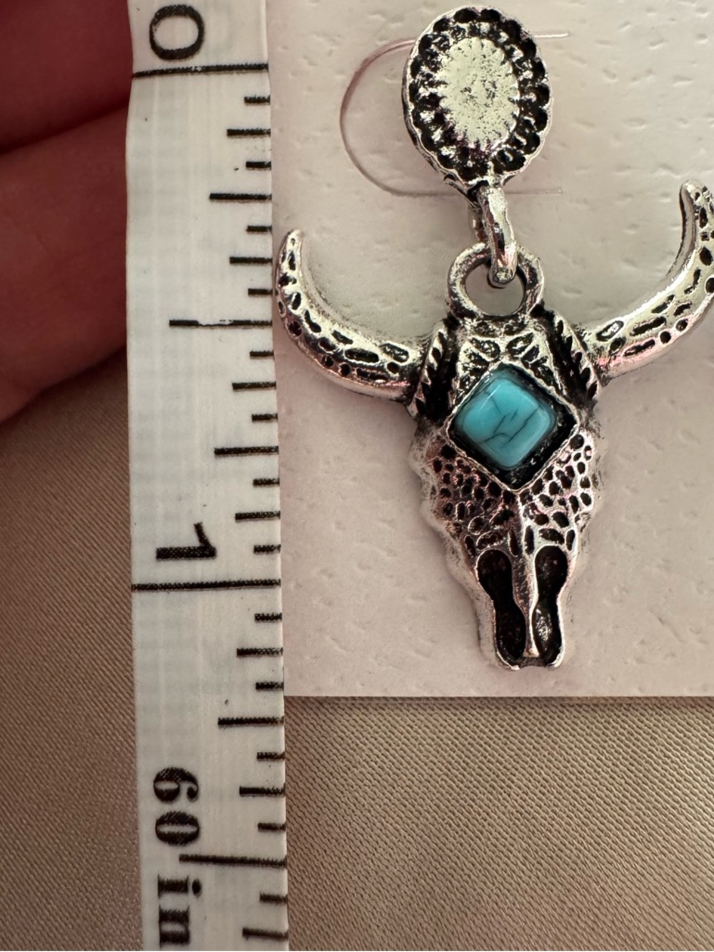 Western Boho Steer Skull Dangle Silver Tone & Turquoise Post Earrings New 3/$15✨ - Picture 3 of 3